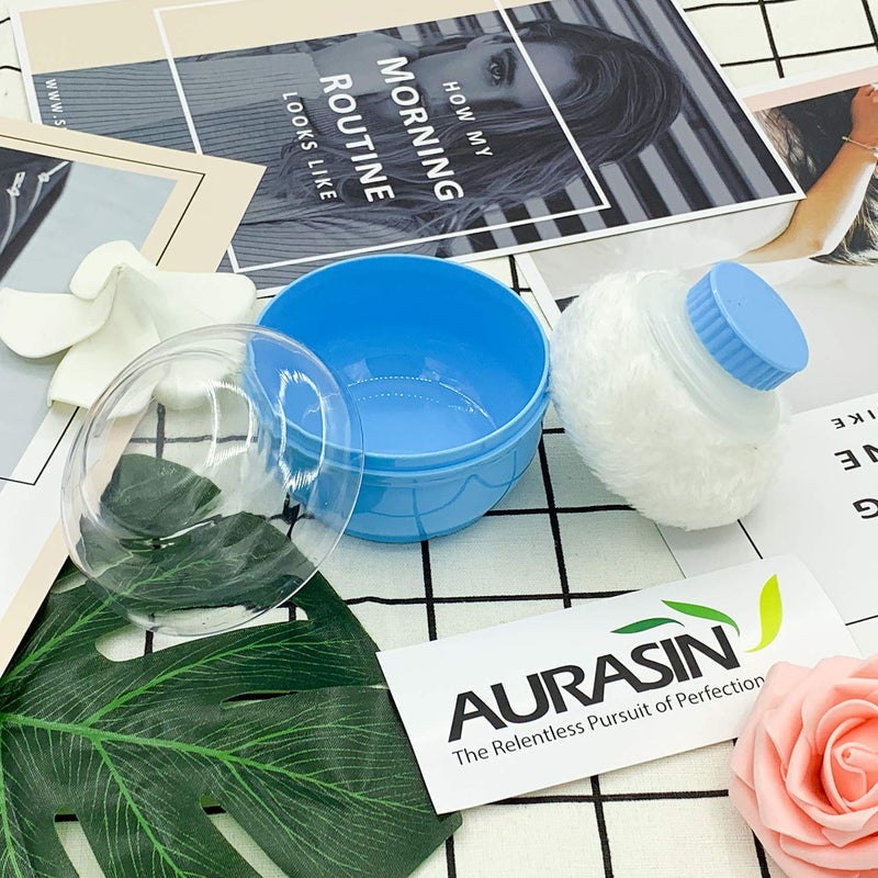 Aurasin Storage Body Powder Container, Large 3.5" Fluffy Body After-Bath Powder Case, Baby Care Face/Body Villus Powder Puff Box, Makeup Cosmetic Talcum Powder Container with Hand Holder (Blue) - Image 2